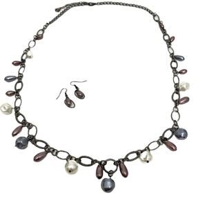 Set - Dark Purple Gray Long Necklace and Earrings
